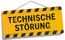 gelbes Schild Bauschild technische störung schräg hängend